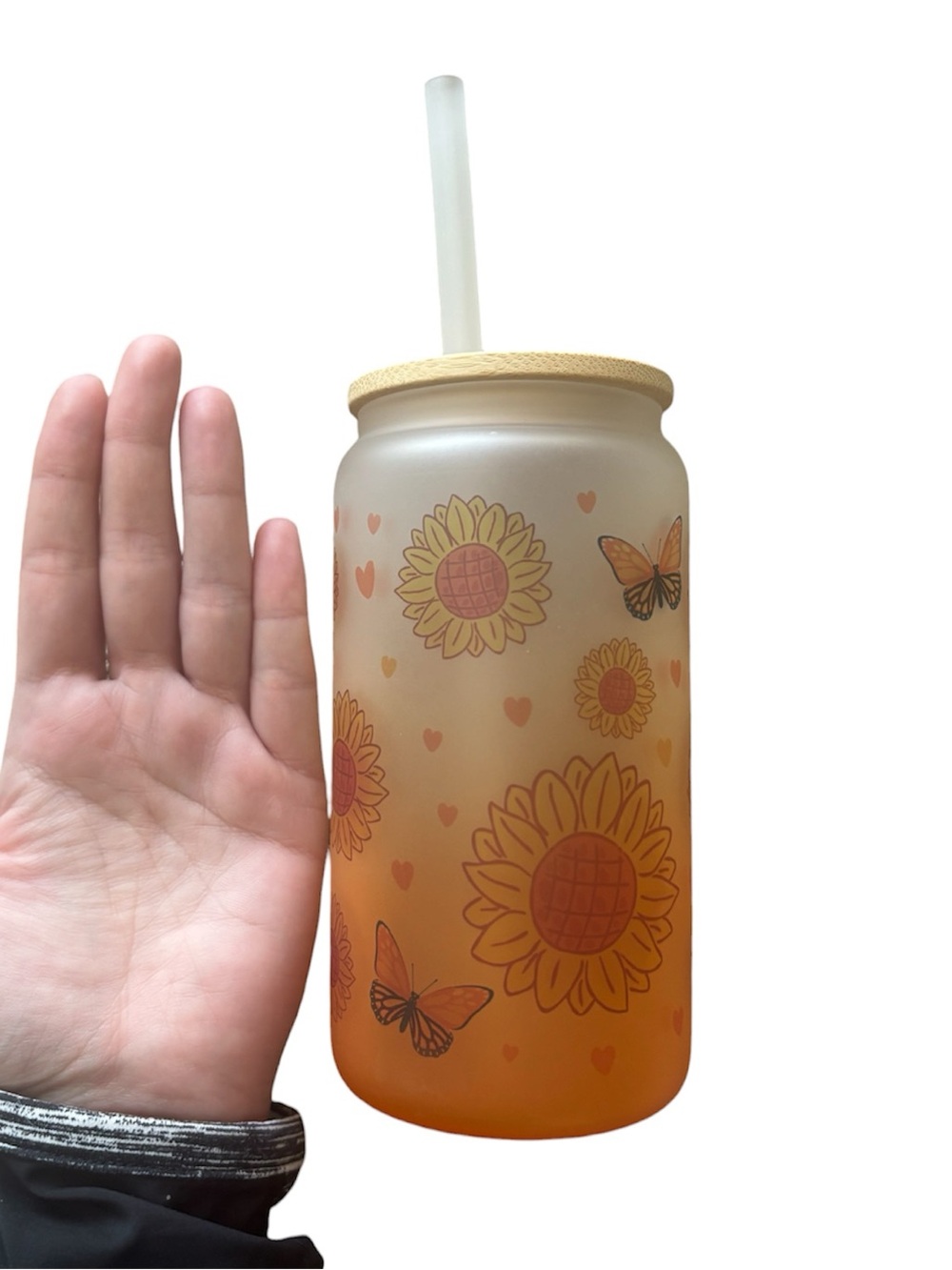 Frosted glass tumbler - warm orange gradient; sunflower and butterfly design